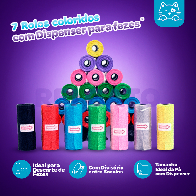 7 Rolos Coloridos de com Dispenser para fezes de Gatos - Rei Gato©